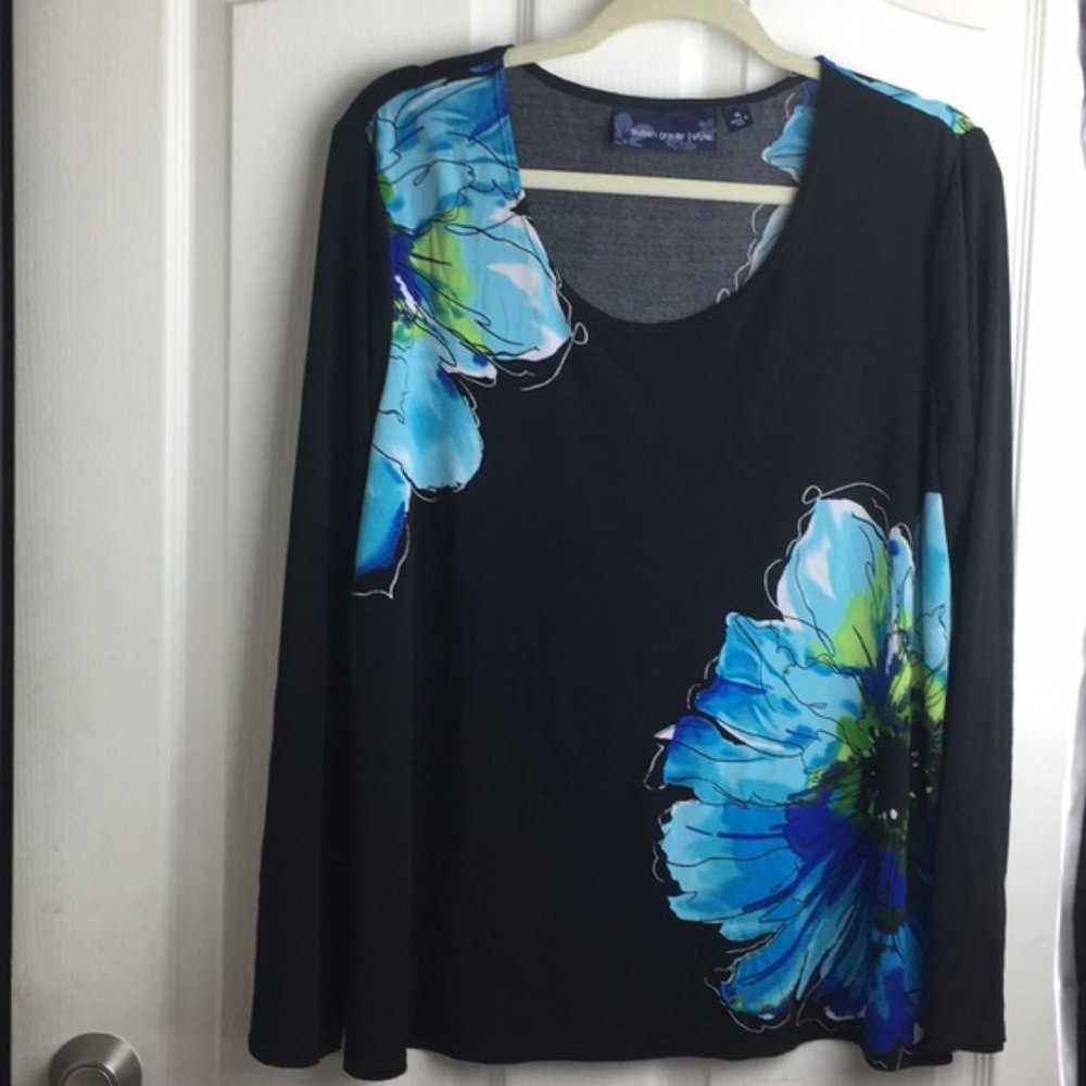 Susan Graver black silky shirt with blue flower - Medium